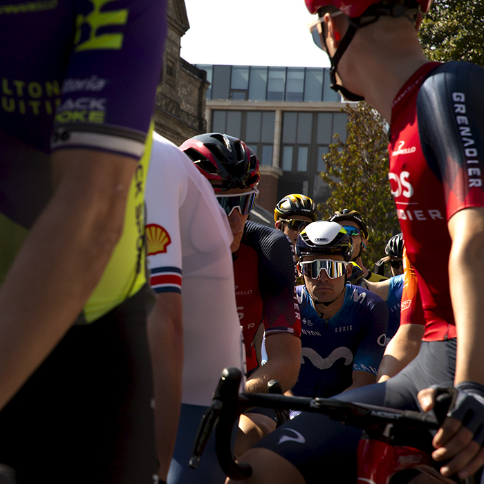 Tour of Britain 2023 - 2022 champion, Gonzalo Serrano of Movistar Team on the start line framed by other riders