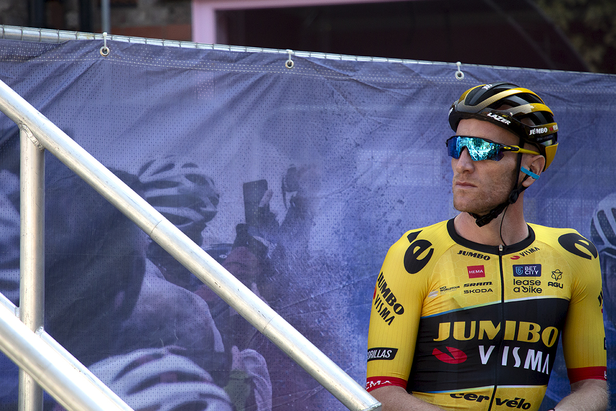 Tour of Britain 2023 - Jos van Emden of Jumbo-Visma looks up towards the podium before being presented to the crowd