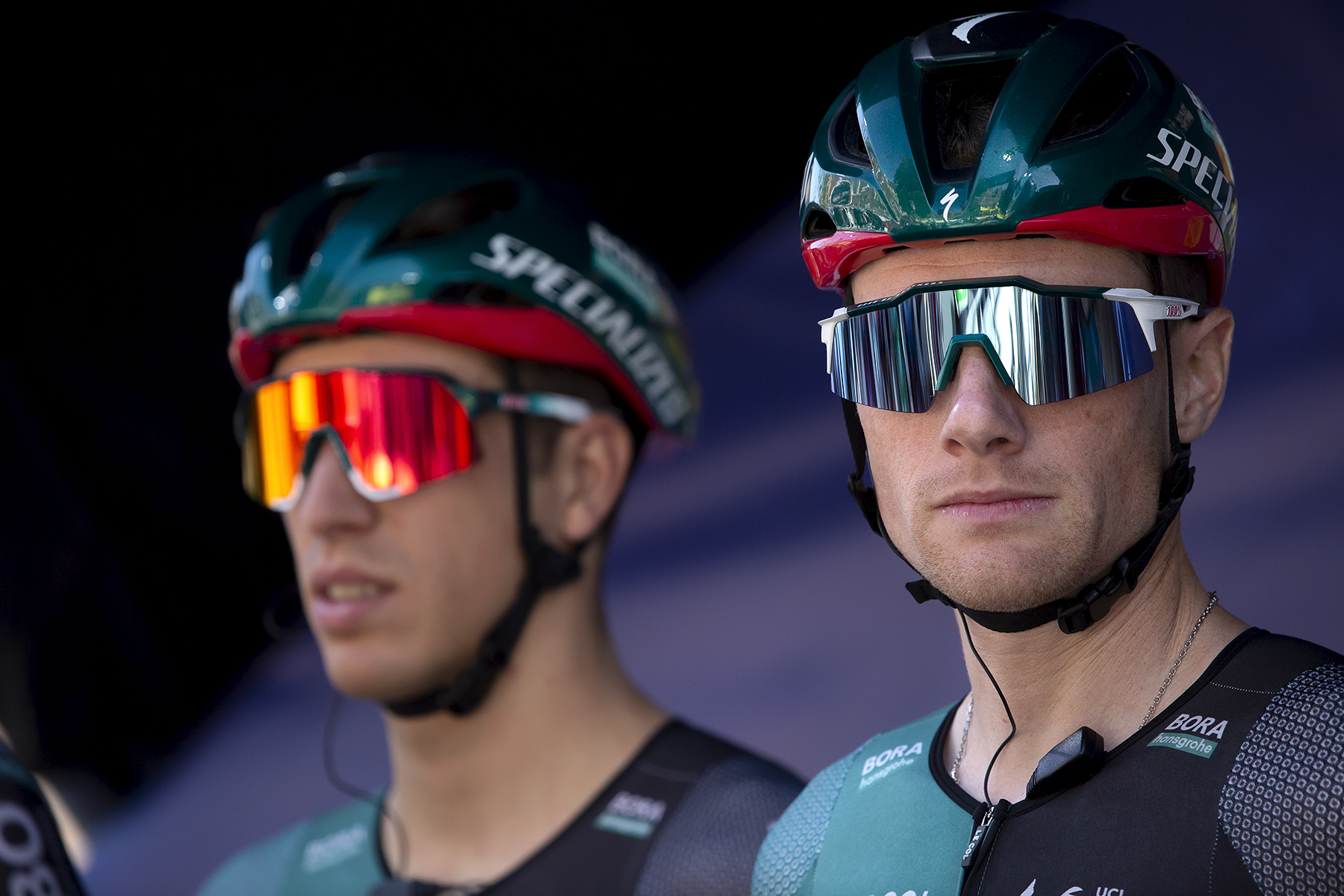 Tour of Britain 2023 - Sam Bennett of BORA - hansgrohe glances from the podium towards the camera before the start of the race