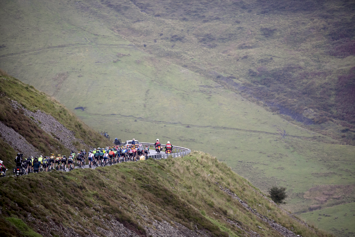 Tour of Britain 2023 - Riders round a corner on Bwlch Mountain