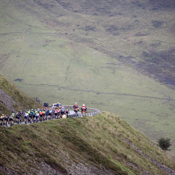 Tour of Britain 2023 - Riders round a corner on Bwlch Mountain