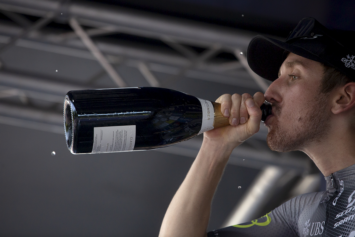 Tour of Britain 2023 - Mark Donovan of Q36.5 Pro Cycling Team drinks from a bottle on the podium