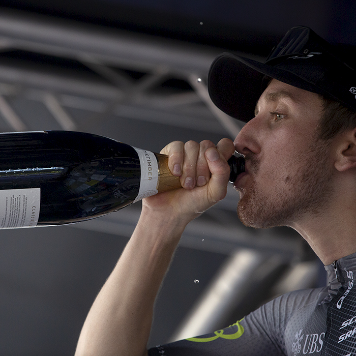 Tour of Britain 2023 - Mark Donovan of Q36.5 Pro Cycling Team drinks from a bottle on the podium