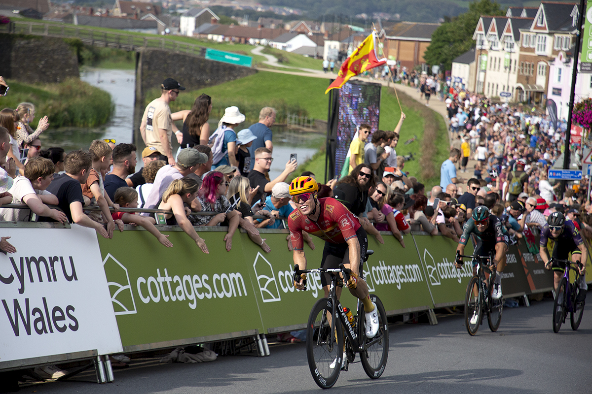 Tour of Britain 2023 - Rasmus Tiller of Uno-X Pro Cycling Team pushes up the final ramp to the finish line