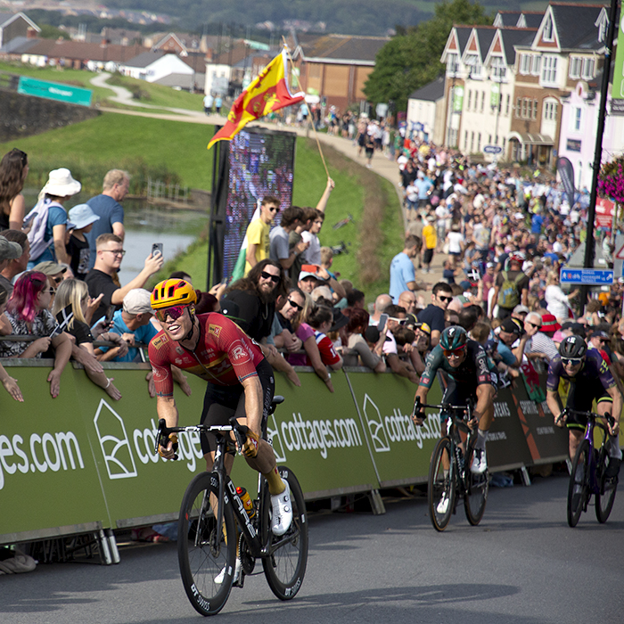 Tour of Britain 2023 - Rasmus Tiller of Uno-X Pro Cycling Team pushes up the final ramp to the finish line