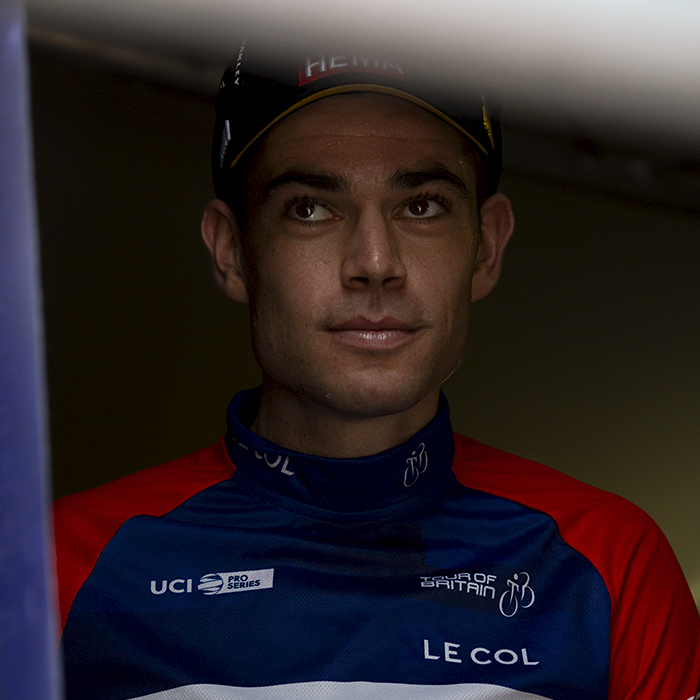 Tour of Britain 2023 - Wout van Aert of Jumbo Visma in the race leaders jersey about to take to the podium to claim overall victory