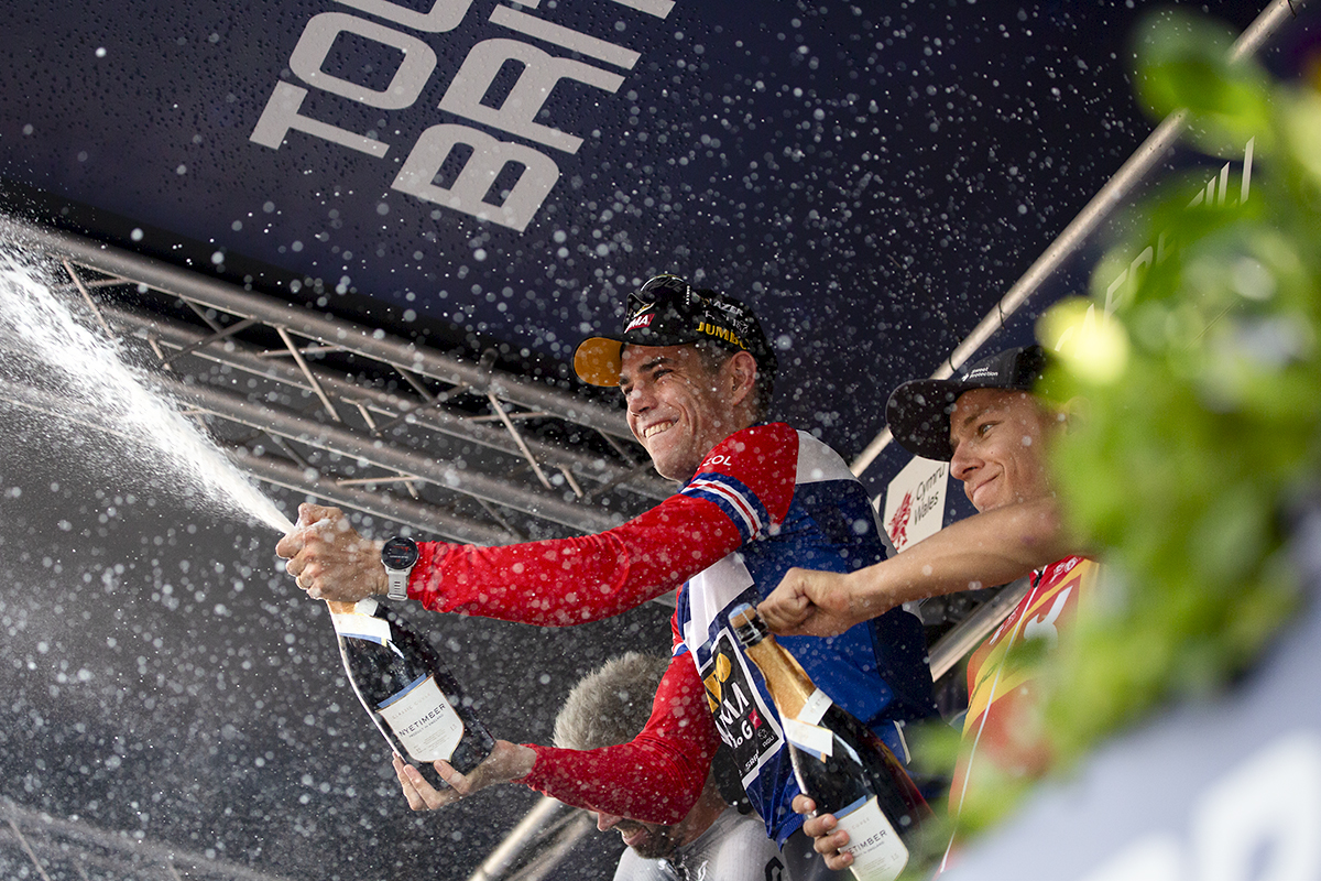 Tour of Britain 2023 - Wout van Aert of Jumbo-Visma wins the Tour of Britain 2023 and victoriously sprays the crowd with champagne