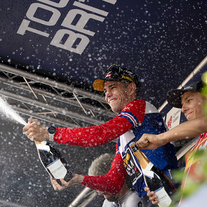 Tour of Britain 2023 - Wout van Aert of Jumbo-Visma wins the Tour of Britain 2023 and victoriously sprays the crowd with champagne