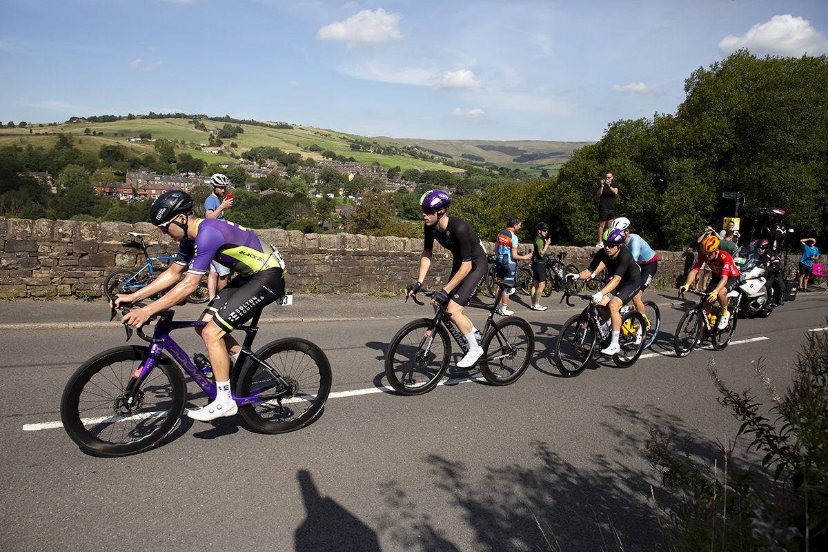 Tour of Britain 2023 - The breakaway head onto the Grains Bar King of the Mountains climb