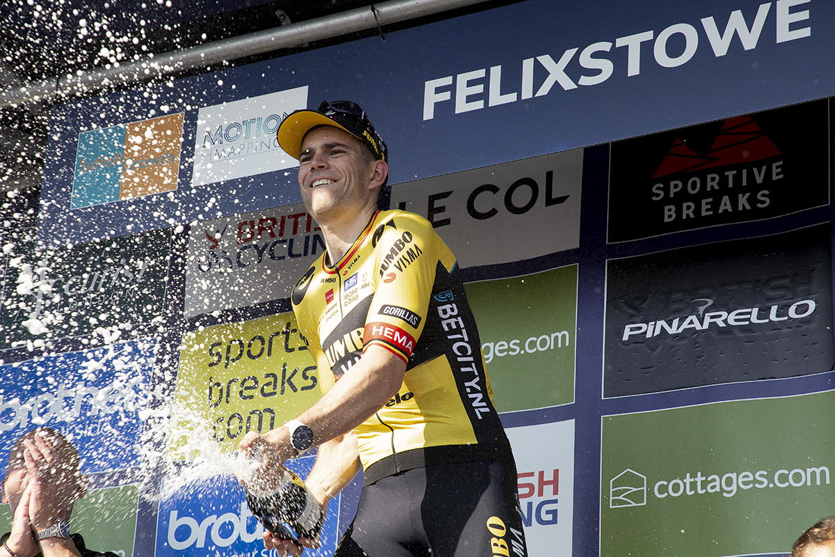 Tour of Britain 2023 - Wout van Aert of Jumbo-Visma celebrates a stage win by spraying champagne