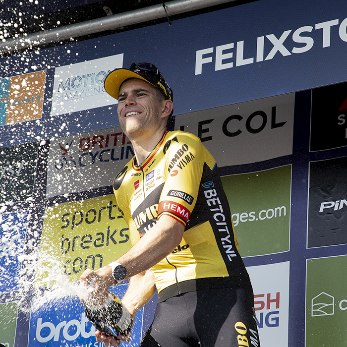 Tour of Britain 2023 - Wout van Aert of Jumbo-Visma celebrates a stage win by spraying champagne