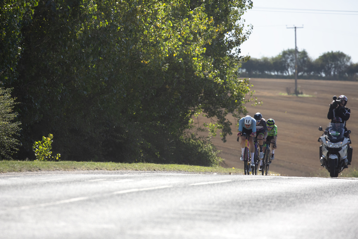 Tour of Britain 2023 - The breakaway crests a hill in the Yorkshire Wolds