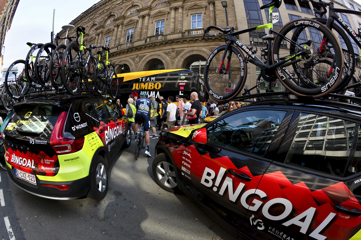 Tour of Britain 2023 - Team buses and team cars in the streets of central Manchester