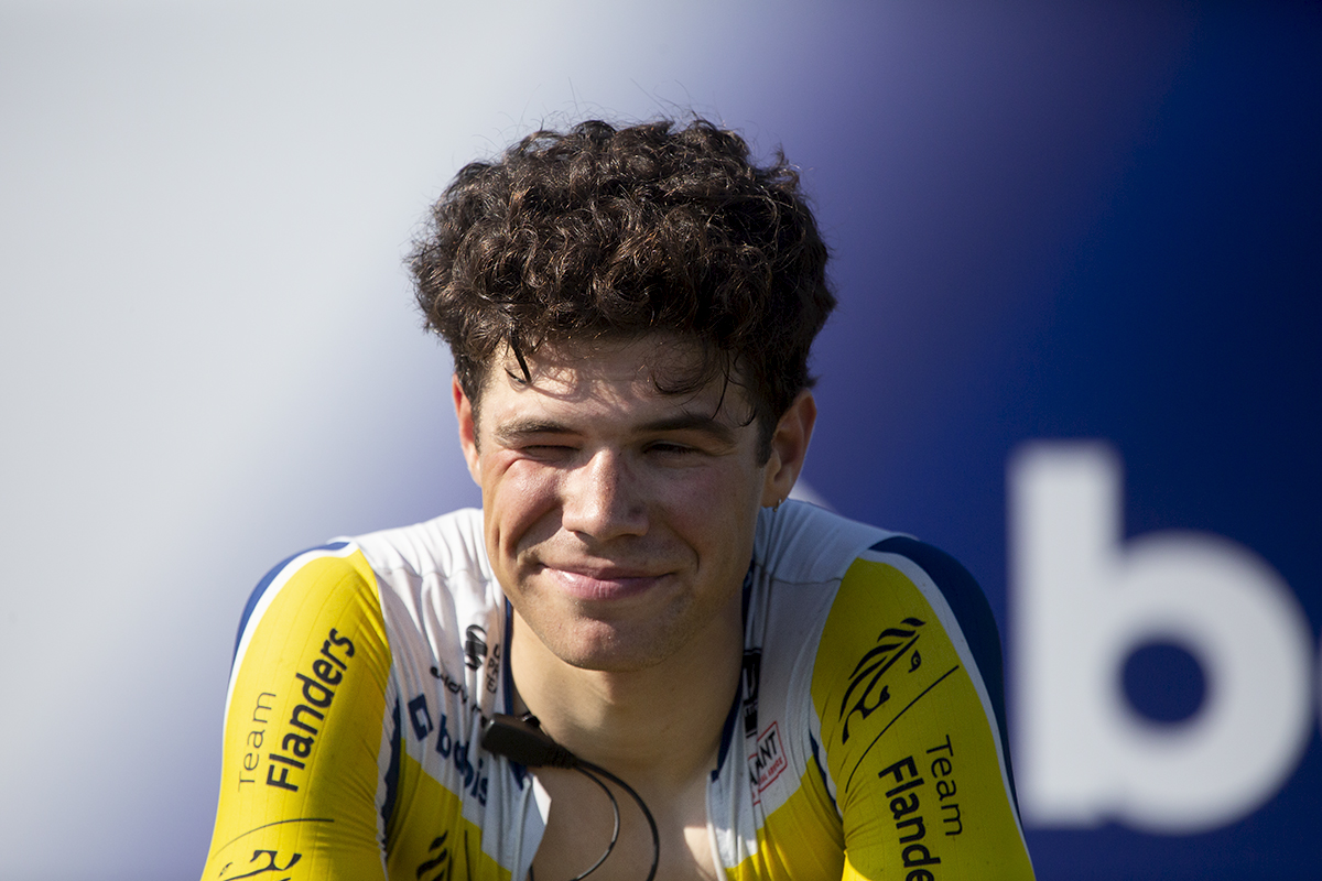 Tour of Britain 2023 - Milan Fretin of Team Flanders - Baloise squints into the sun as he warms down in Felixstowe