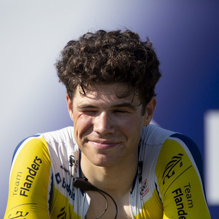 Tour of Britain 2023 - Milan Fretin of Team Flanders - Baloise squints into the sun as he warms down in Felixstowe