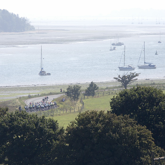 Tour of Britain 2023 - The peloton moves down the road next to the River Orwell