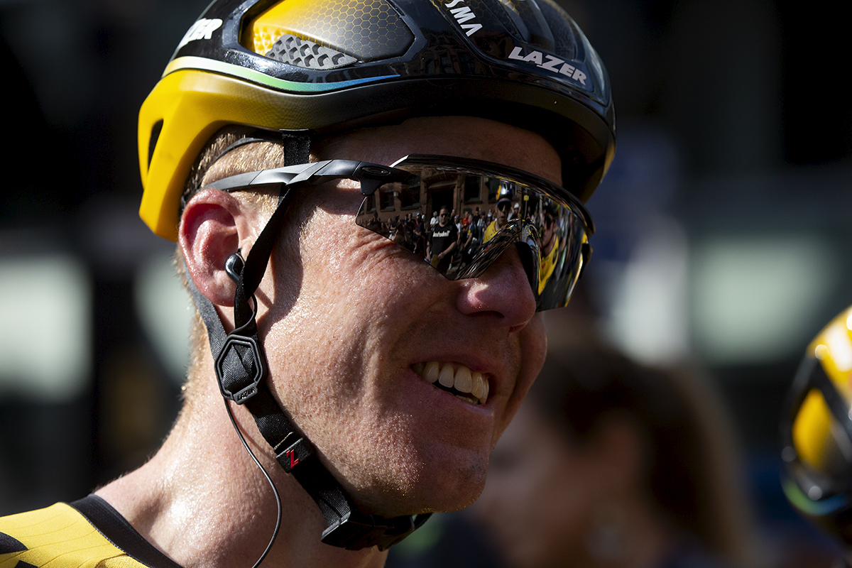 Tour of Britain 2023 - Steven Kruijswijk of Jumbo-Visma with Wout van Aert reflected in his sunglasses