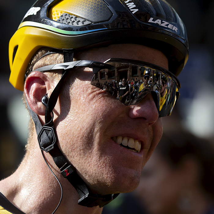 Tour of Britain 2023 - Steven Kruijswijk of Jumbo-Visma with Wout van Aert reflected in his sunglasses