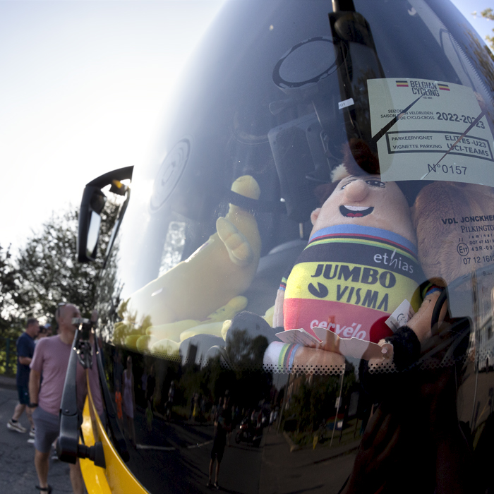 Tour of Britain 2023 - The Jumbo-Visma team bus with a soft Wout doll in the window