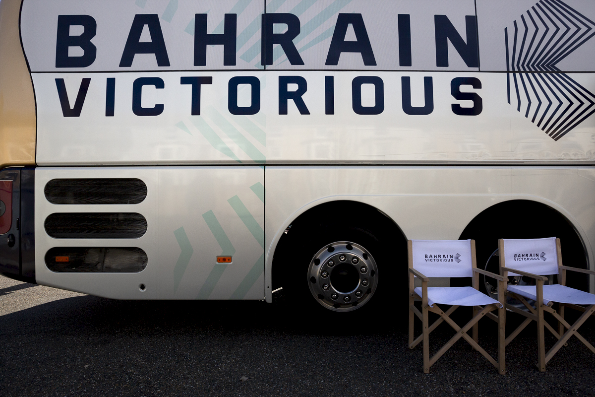 Tour of Britain 2024 - Director’s chairs set up outside the Bahrain Victorious bus