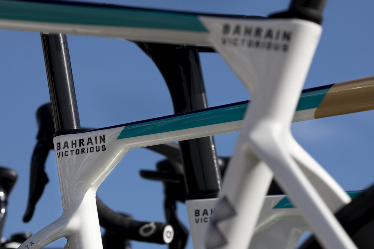 Tour of Britain 2024 - Detail of Bahrain Victorious bikes against the bright blue sky