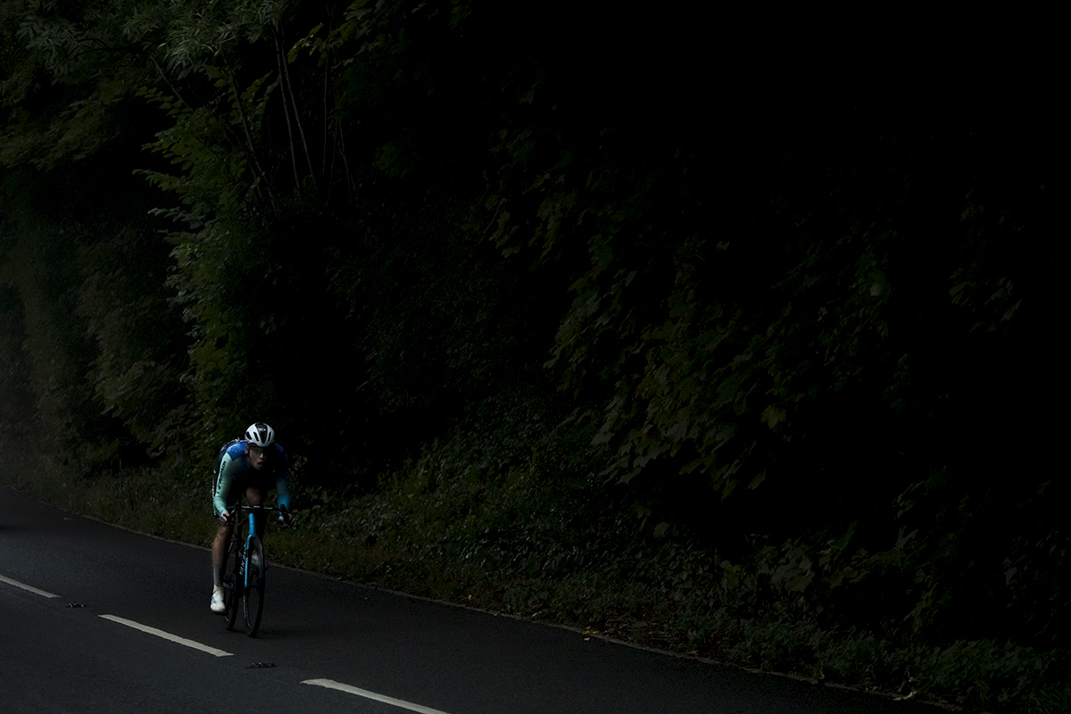 Tour of Britain 2024 - Baptiste Veistroffer of Decathlon AG2R La Mondiale Development Team rides through the gloom outside Barnsley on stage 3