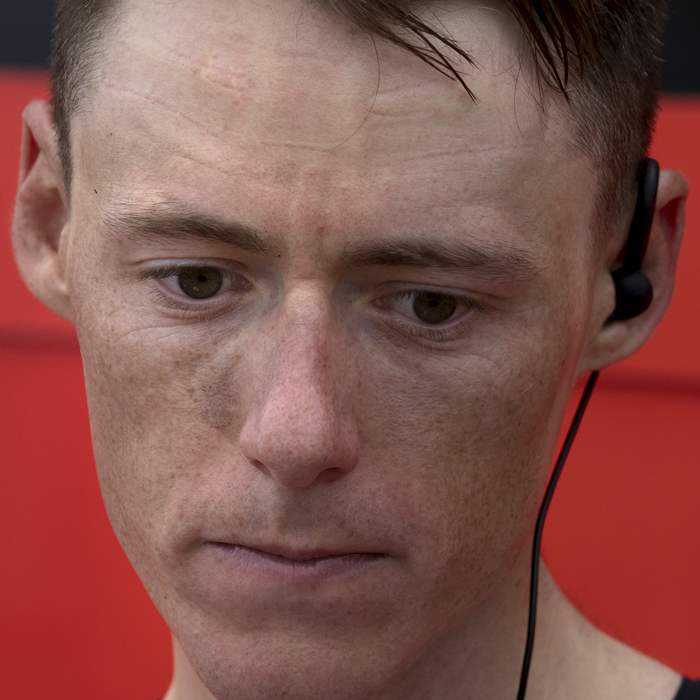 Tour of Britain 2024 - Conor Swift stares into the distance, his face dirty from the days racing after Stage 2 of the Tour of Britain