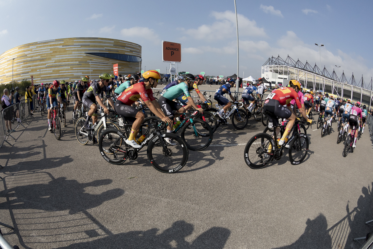 Tour of Britain 2024 - The riders roll out past the Derby Arena and Pride Park