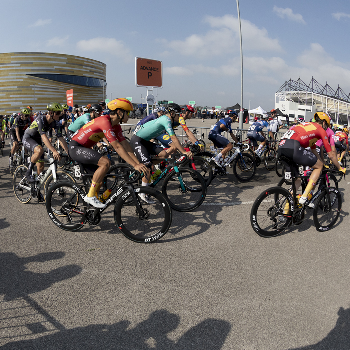 Tour of Britain 2024 - The riders roll out past the Derby Arena and Pride Park