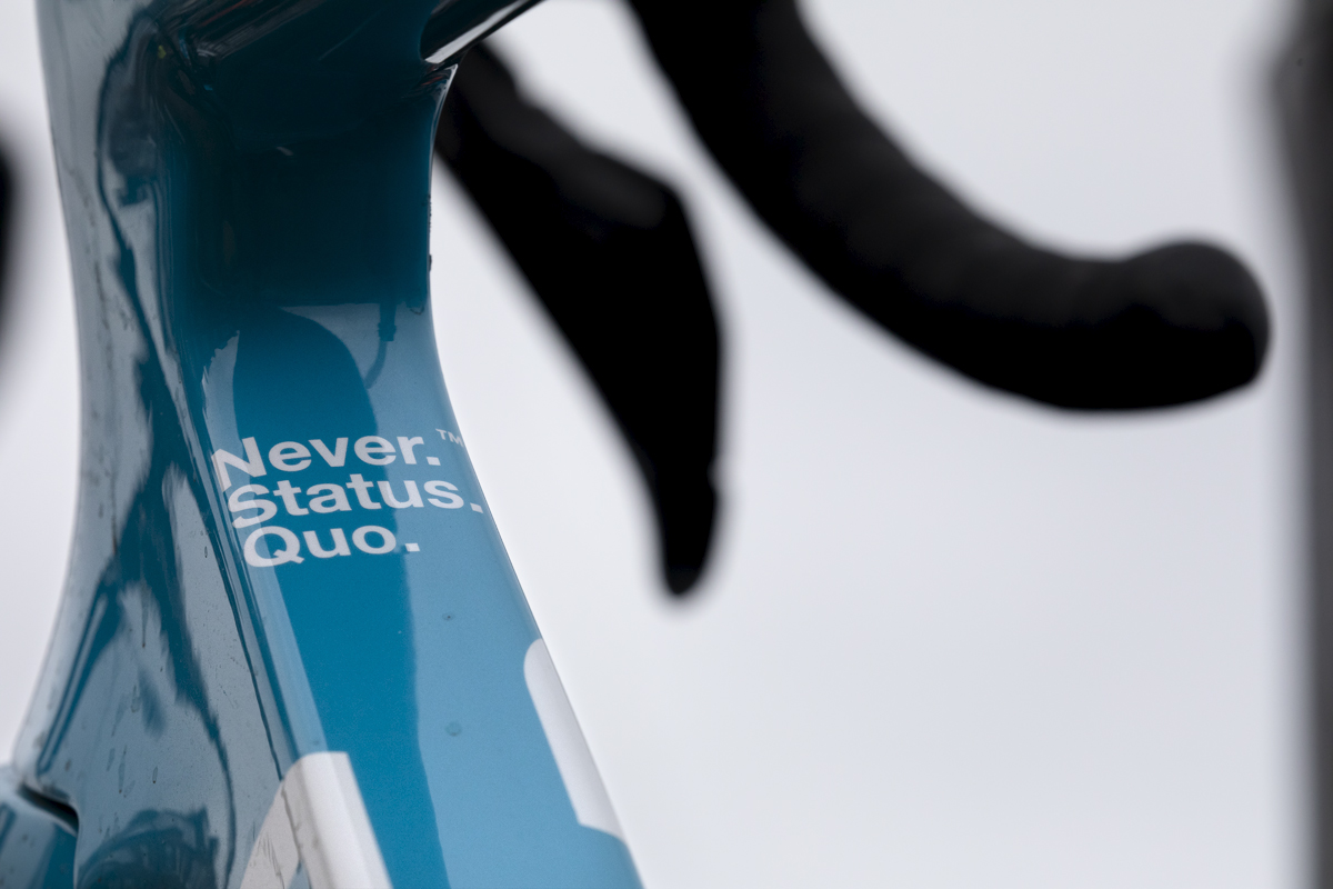 Tour of Britain 2024 - Never Status Quo written on the frame of stage winner Stevie Williams’ Israel - Premier Tech Factor bike