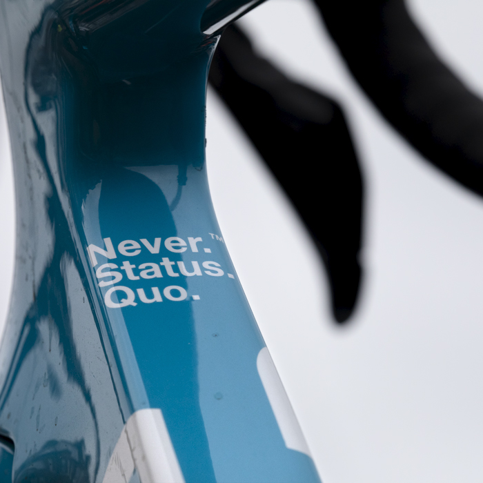 Tour of Britain 2024 - Never Status Quo written on the frame of stage winner Stevie Williams’ Israel - Premier Tech Factor bike