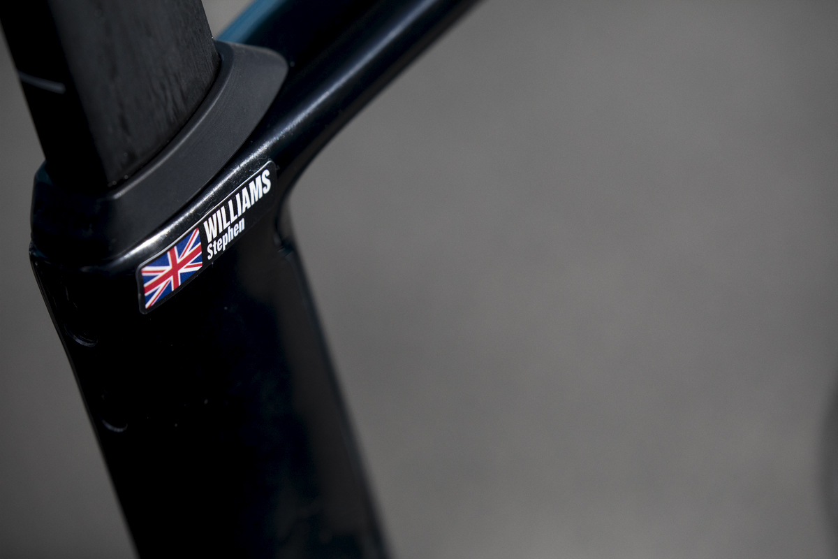 Tour of Britain 2024 - Stevie Williams name and British Flag on the seat stem of his bike