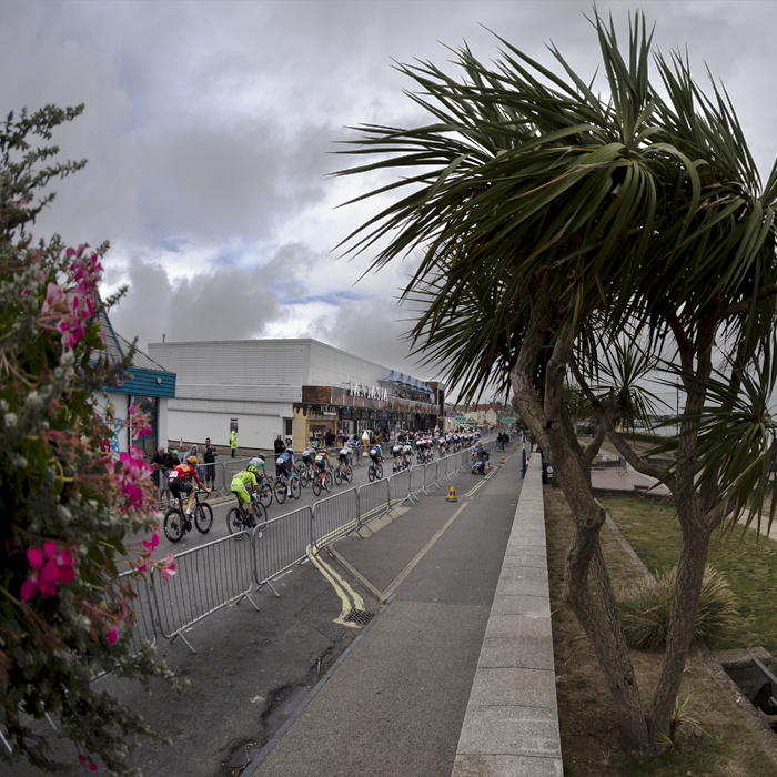 Tour of Britain 2024 - A palm tree is buffeted by the wind as a storm blows onto the passing peloton on the finish straight in Felixstowe