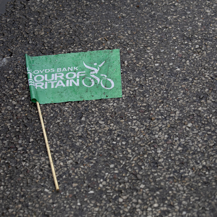 Tour of Britain 2024 - A tour of Britain Flag lies sodden on the ground at the end of the race