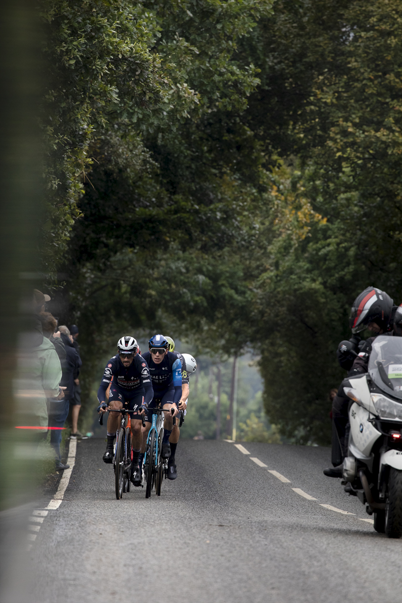 Tour of Britain 2024 - Julian Alaphilippe and Jake Stewart tackle the climb of Long Lane on their way out of Sheffield