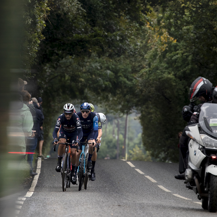 Tour of Britain 2024 - Julian Alaphilippe and Jake Stewart tackle the climb of Long Lane on their way out of Sheffield