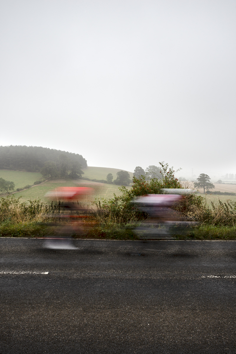 Tour of Britain 2024 - Riders speed through the Northamptonshire countryside shrouded in mist