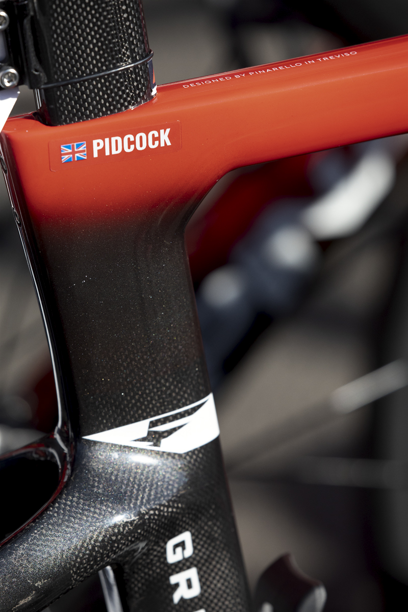 Tour of Britain 2024 - Pidcock written on the seat stem of Tom Pidock’s Pinarello bike