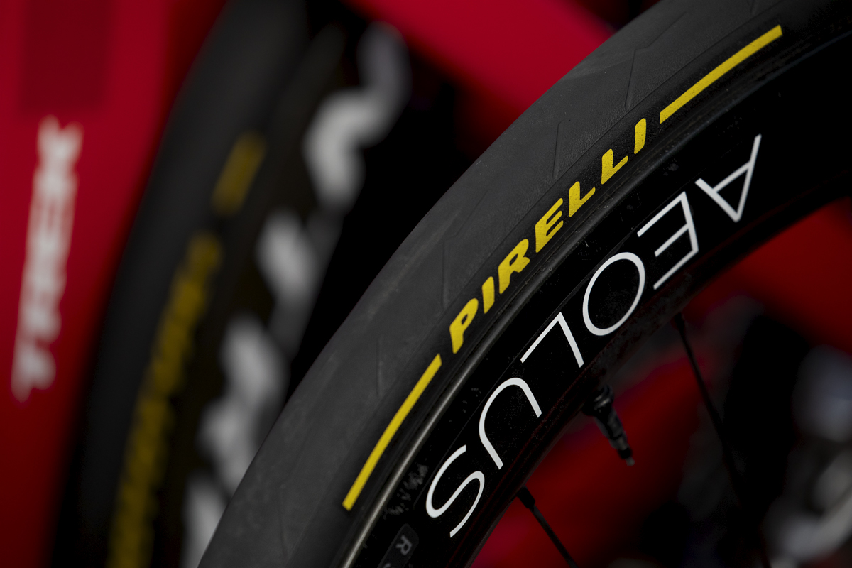 Tour of Britain 2024 - Close up of a Pirelli trye on a Bontrager Aeolus wheel