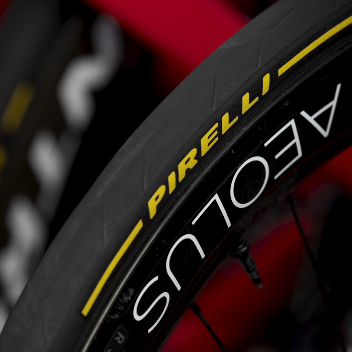 Tour of Britain 2024 - Close up of a Pirelli trye on a Bontrager Aeolus wheel