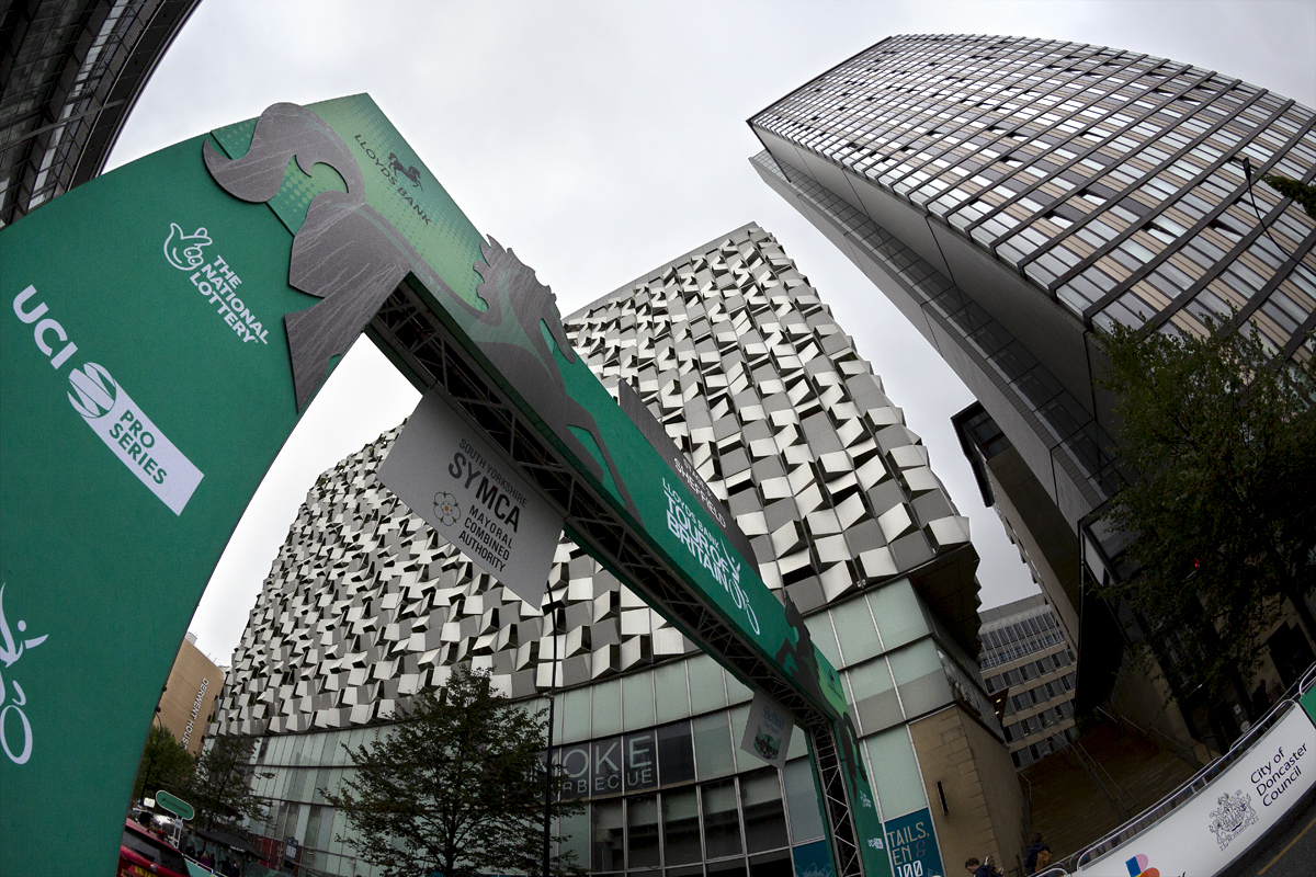 Tour of Britain 2024 - The start line in Sheffield with the architecturally acclaimed Queen Street Car Park in the background