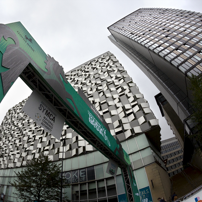 Tour of Britain 2024 - The start line in Sheffield with the architecturally acclaimed Queen Street Car Park in the background