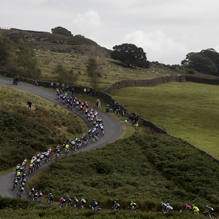 Tour of Britain 2024 - A line of riders snakes up the uncategorised climb of Sleddale Bank