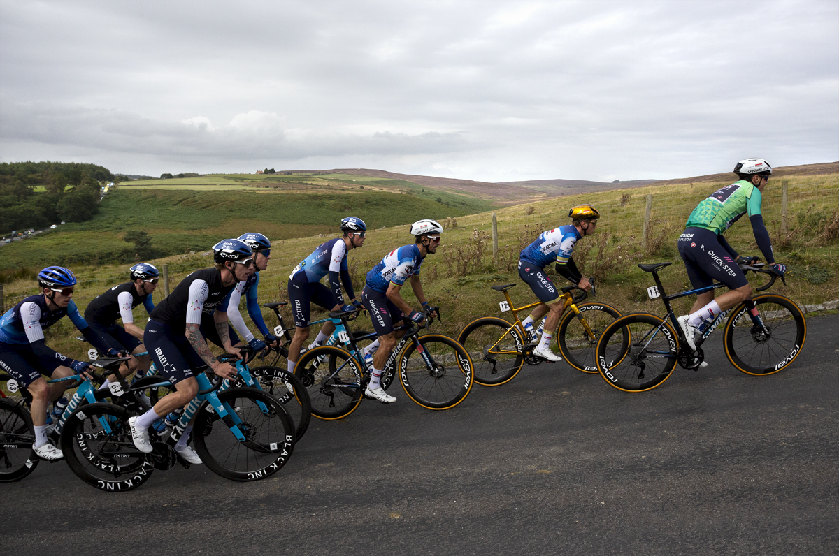 Tour of Britain 2024 - Riders tackle Sleddale bank with the countryside of the North York Moors National Park in the background