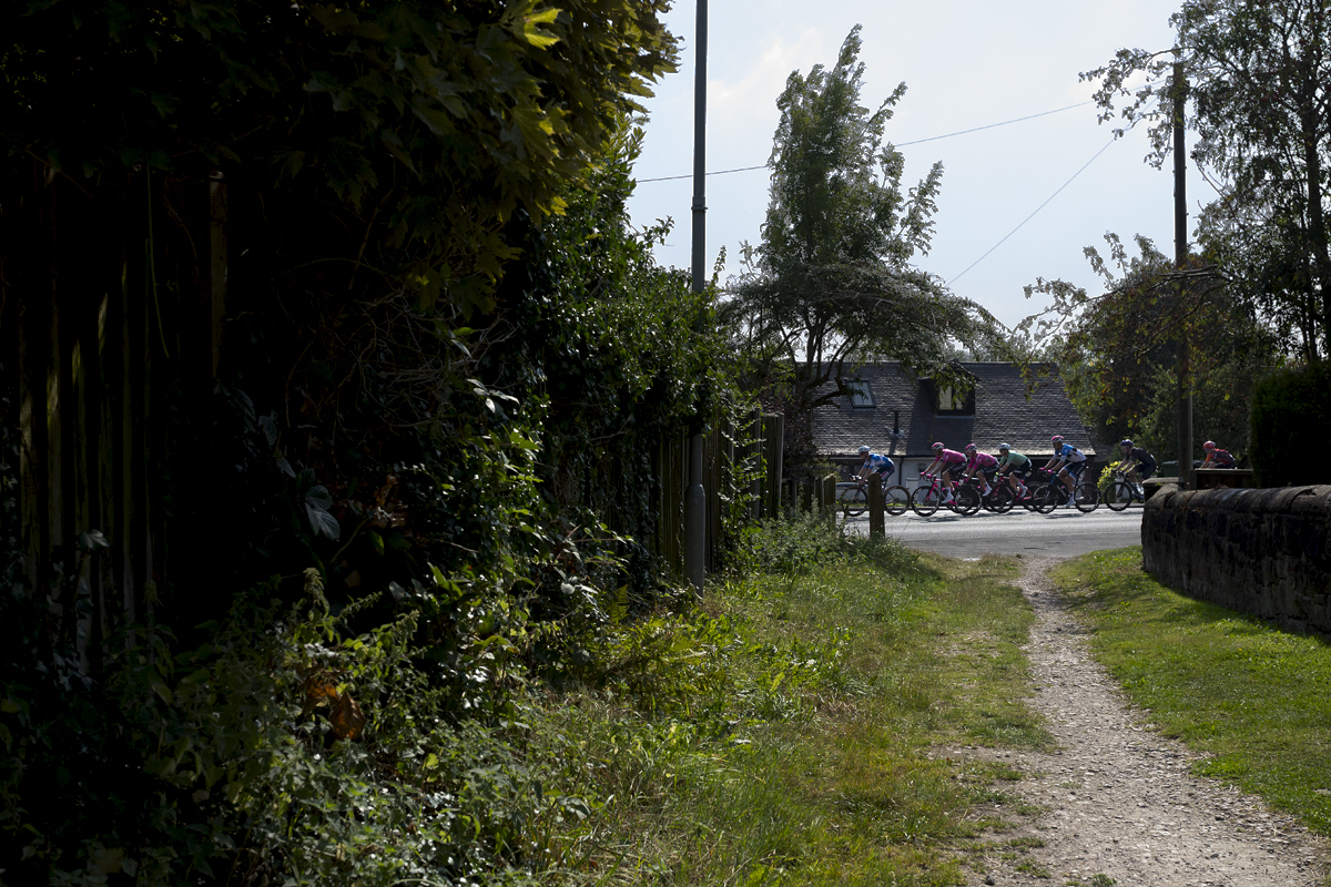 Tour of Britain 2024 - The peloton is framed at the end of a country lane