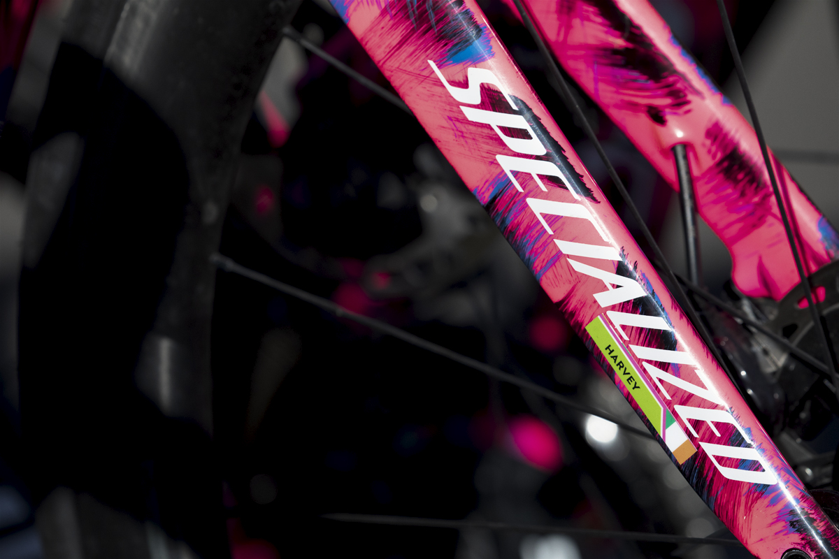 Tour of Britain 2024 - An Irish tricolour adorn Dean Harvey’s pink Specialized bike forks