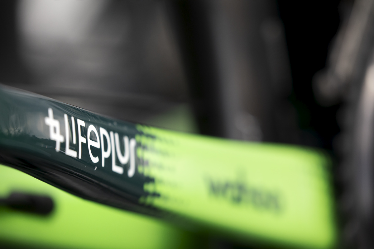 Tour of Britain Women’s 2024 - A close up of the frame of a Life Plus Wahoo bike