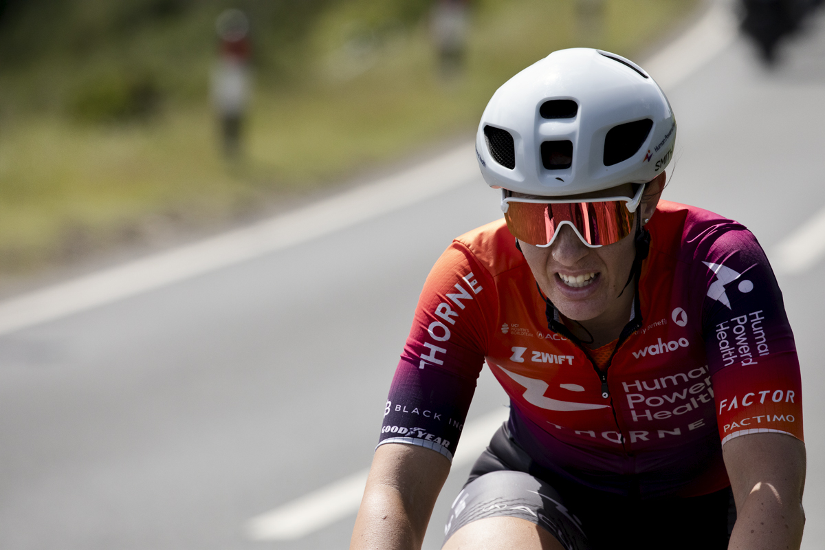 Tour of Britain Women’s 2024 - Linda Zanetti of Human Powered Health grits her teeth as she climbs Horseshoe Pass