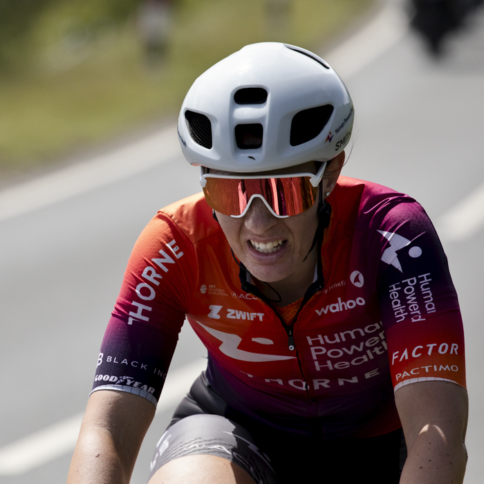 Tour of Britain Women’s 2024 - Linda Zanetti of Human Powered Health grits her teeth as she climbs Horseshoe Pass