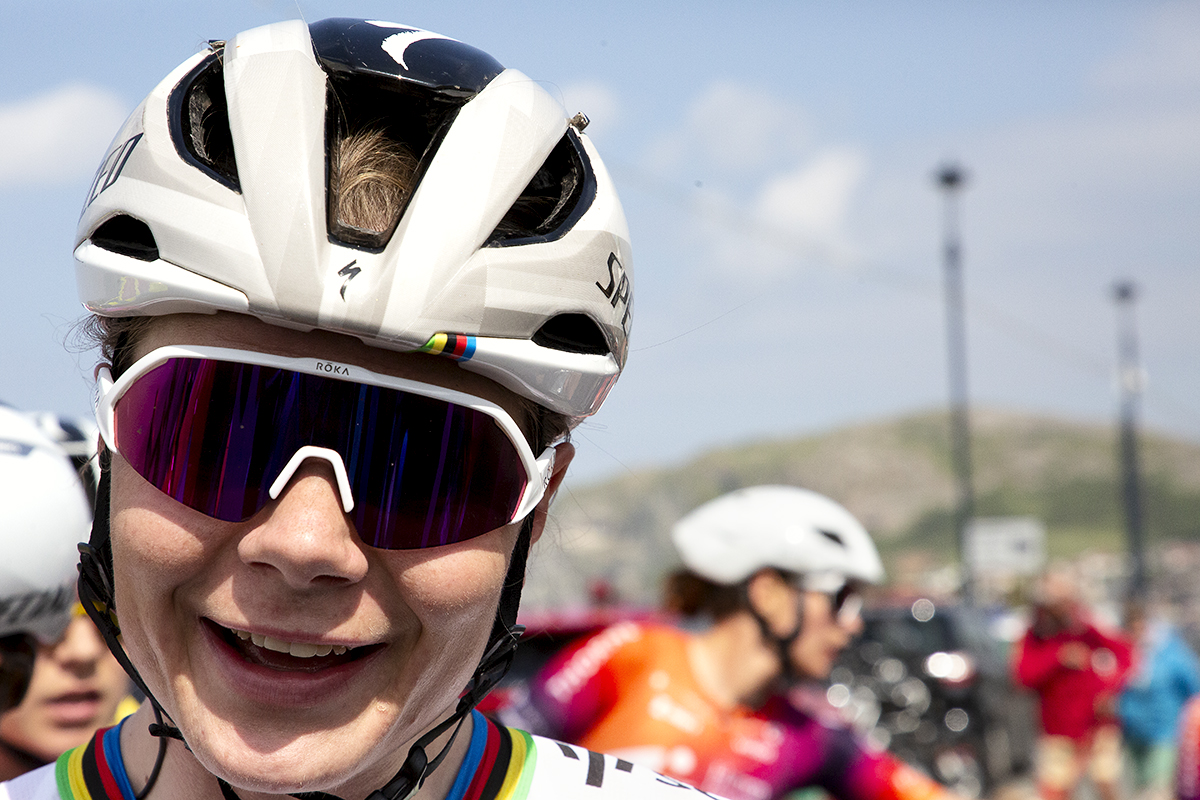 Tour of Britain Women’s 2024 - Lotte Kopecky smiles at the camera as she realises she has won the first stage in Llandudno